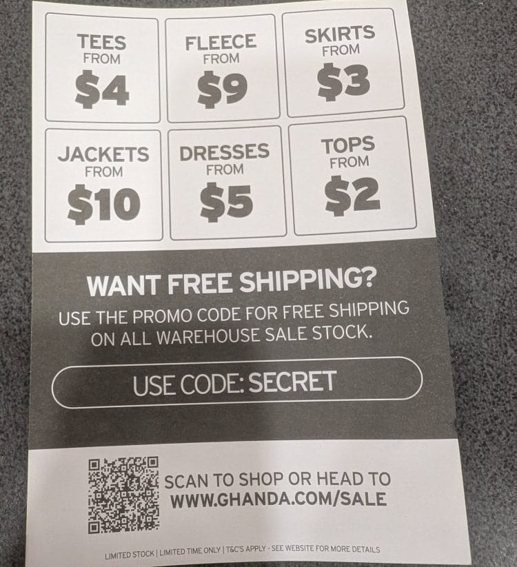 Ghanda: free shipping on all warehouse sale stock with coupon