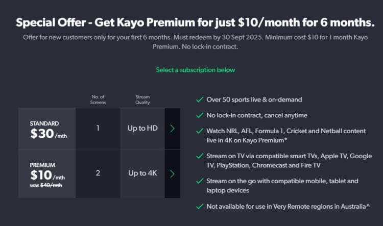 Kayo: Premium $10 a month for 6 months (New Customers only)