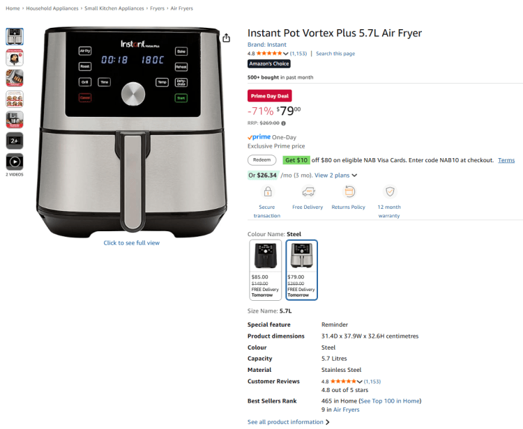 Amazon (Prime): Instant Pot Vortex Plus 5.7L Air Fryer, now $79