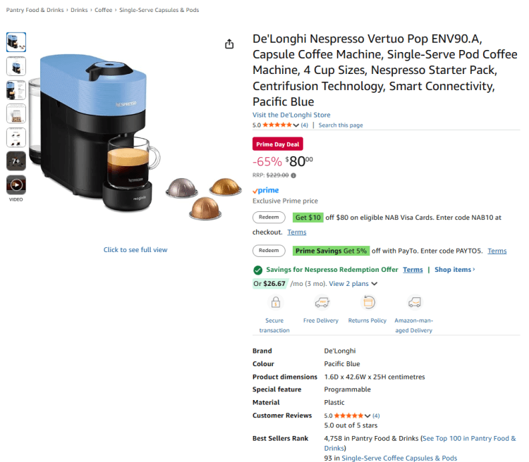 Amazon (Prime): De’Longhi Nespresso Vertuo Pop, now $80