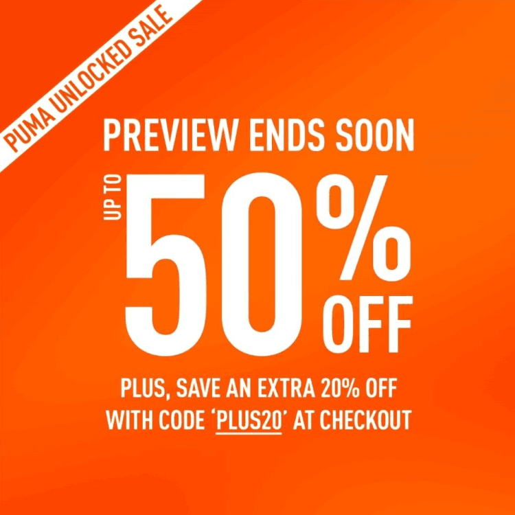 Puma: up to 50% off and extra 20% off with coupon code
