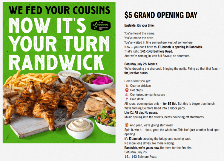 El Jannah (Randwick): $5 Grand Opening Day, Free for “Charlies”