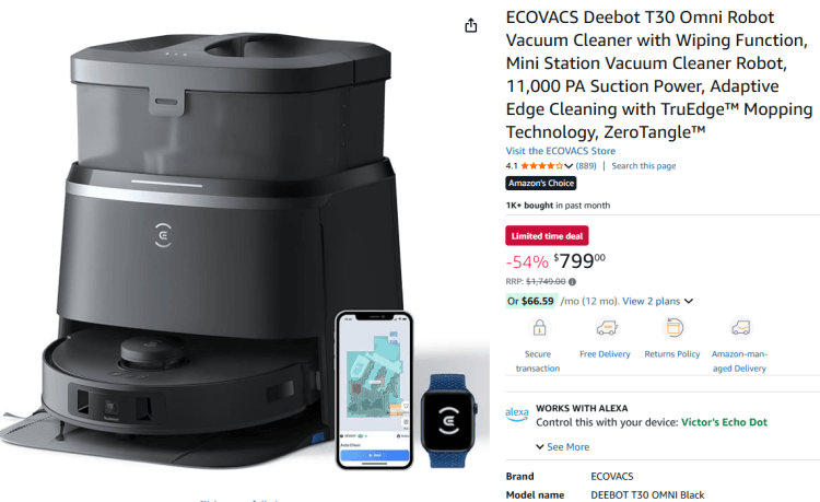 Amazon: Ecovacs Deebot T30 Omni Robot Vacuum
