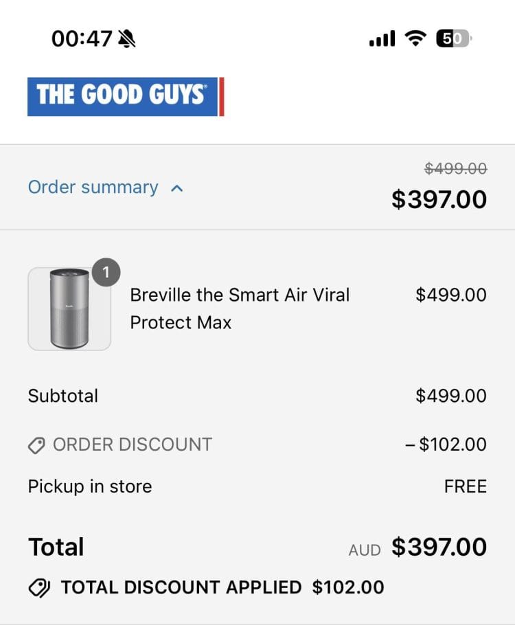 The Good Guys: Breville Smart Air Viral Protect Max $397 with coupon