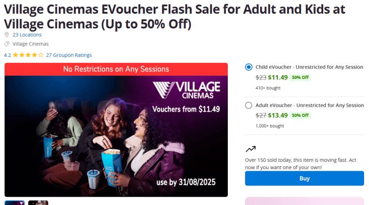 Groupon: Village Cinemas EVoucher flash sale, 50% off