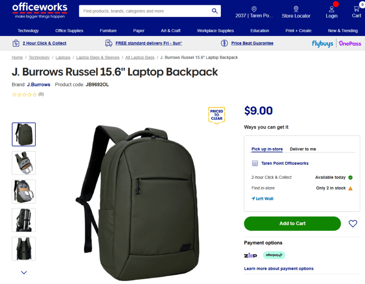 Officeworks: $9 J. Burrows Laptop Backpack (15.6″)