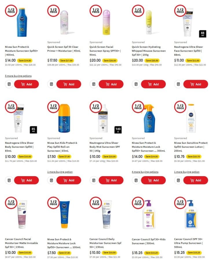 Coles: half price sunscreen