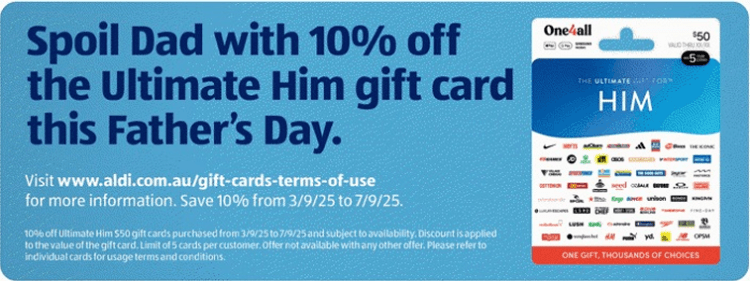 Aldi: $50 Ultimate Him Gift Card, now $45 (10% Off)