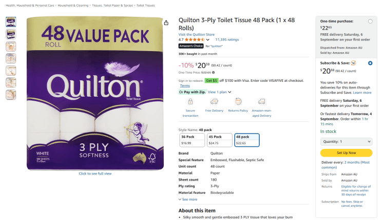 Amazon: Quilton 3-Ply Toilet Tissue 48 Pack, now $20.38 (S&S)