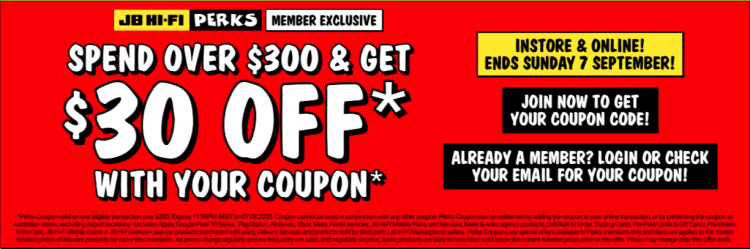 JB Hi-Fi: Spend over $300 & get $30 off (JB Hi-Fi Perks Members)