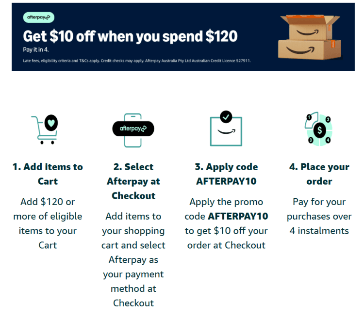 Amazon: $10 off when you spend $120 Afterpay Code