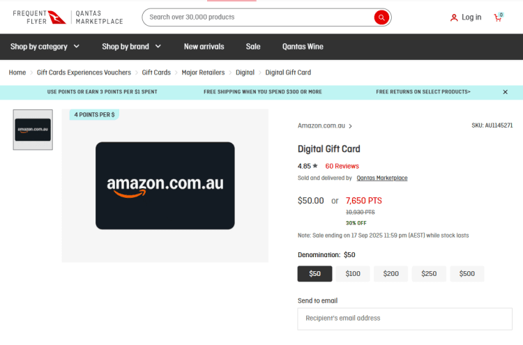 Qantas Marketplace: Amazon Gift Card – 30% Off Points