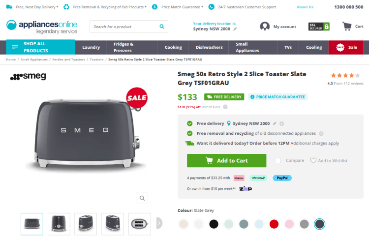 Appliances Online: Smeg 50s Retro Style 2 Slice Toaster Slate Grey – normally $269, now $133