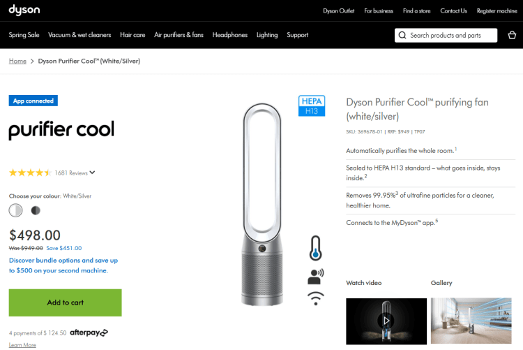 Dyson: Dyson Purifier Cool Purifying Fan (White/Silver) – RRP $949, now $498