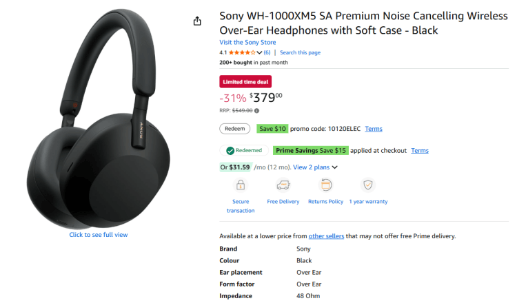 Amazon: Sony WH-1000XM5 headphones $379