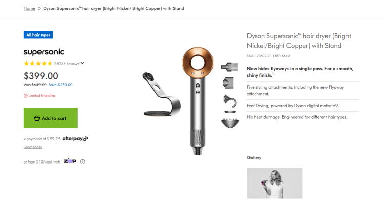 Dyson: Dyson Supersonic Hair Dryer (Nickel/Copper) with Stand – now $399