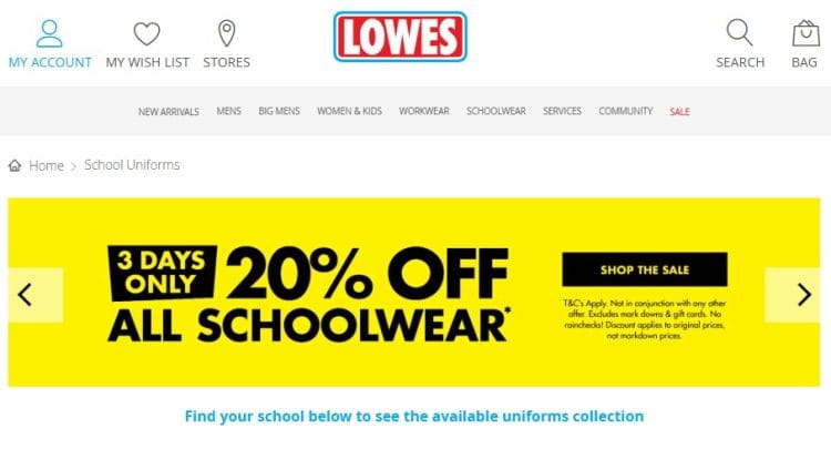 Lowes: 20% off all schoolwear