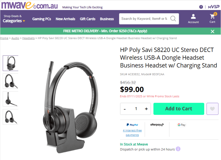 Mwave: HP Poly Savi S8220 Business Headset with Charging Stand, now $99
