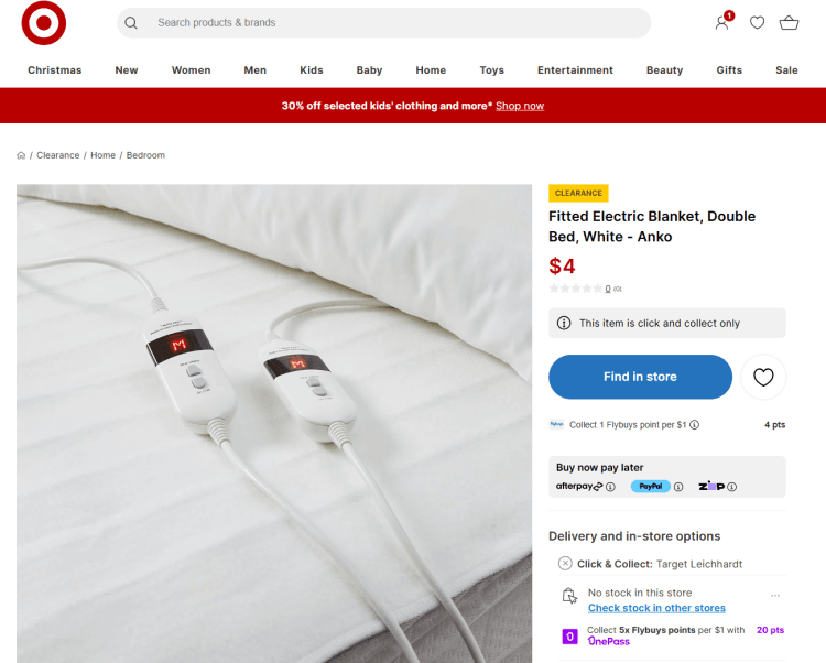 Target: Anko fitted electric blanket $4