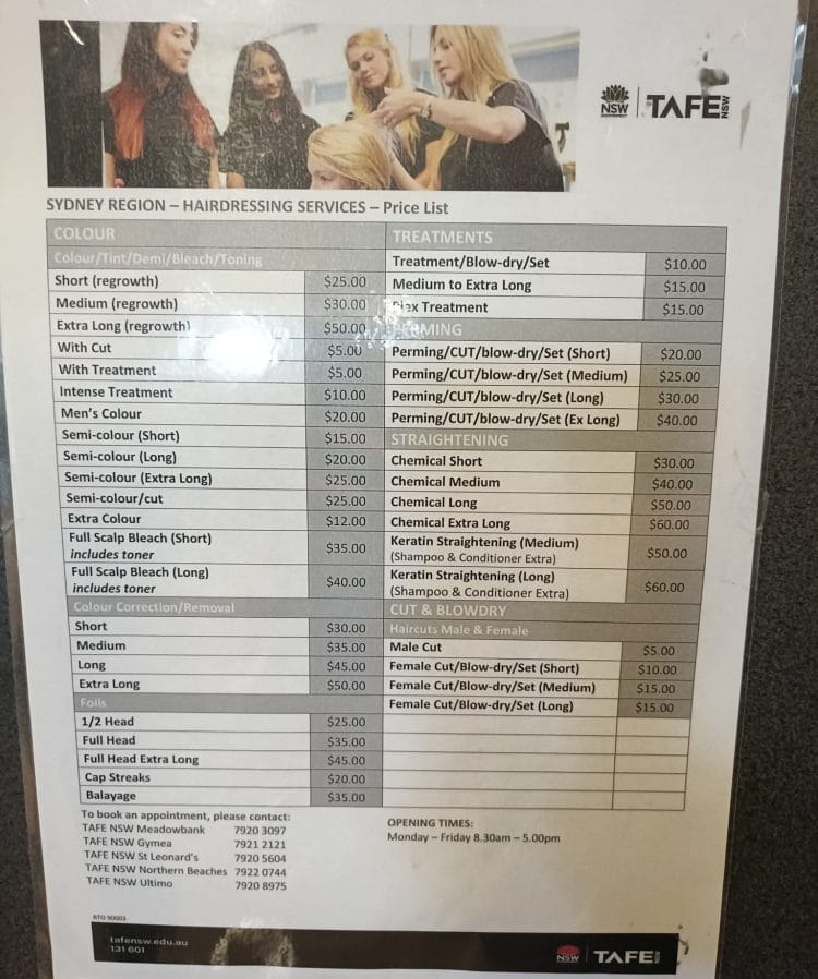 Tafe: Hairdressing prices