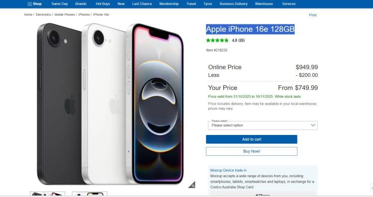 Costco: Apple iPhone 16e 128GB $749.99