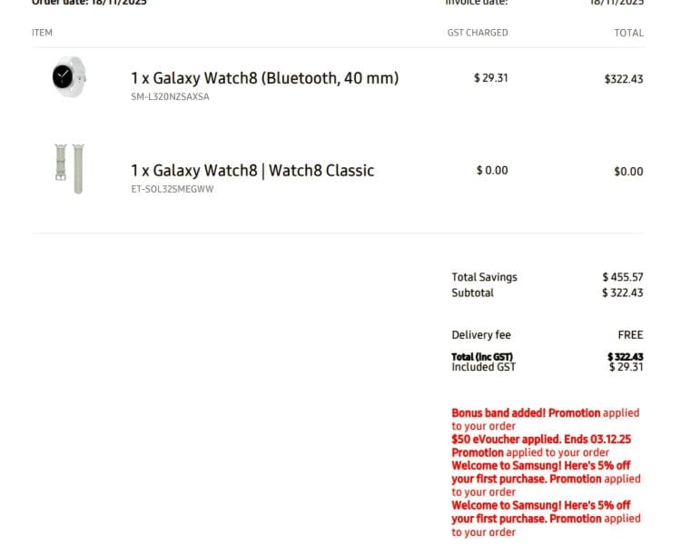 Samsung: Watch8 half price $322.43