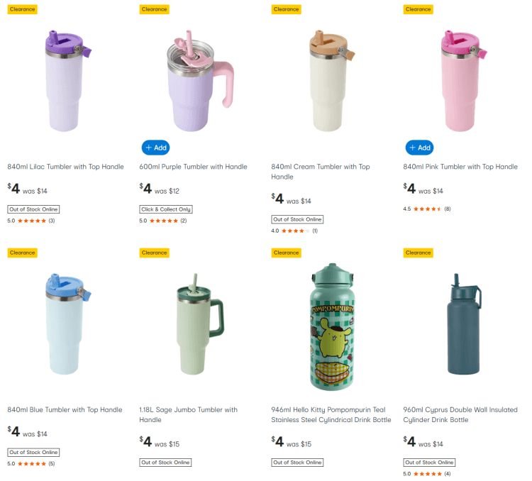 Kmart: 600ml and 840ml tumblers $4