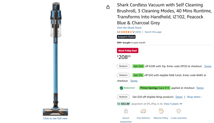 Amazon: Shark IZ102 Vacuum $208