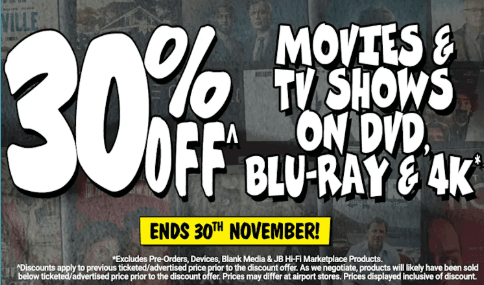 JB Hi-Fi: 30% off DVD, Blu-Ray and 4K