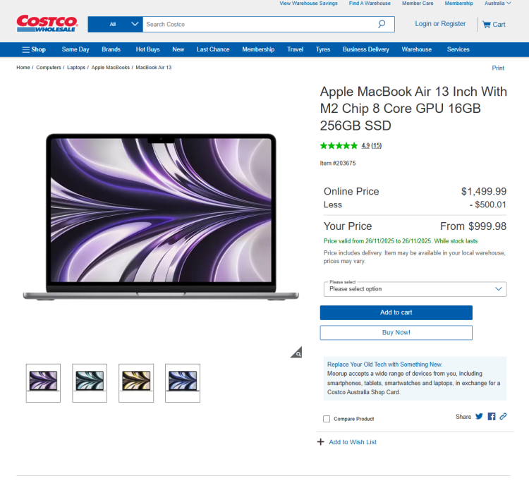 Costco: Apple MacBook Air 13 M2 16GB 256GB now $999.98