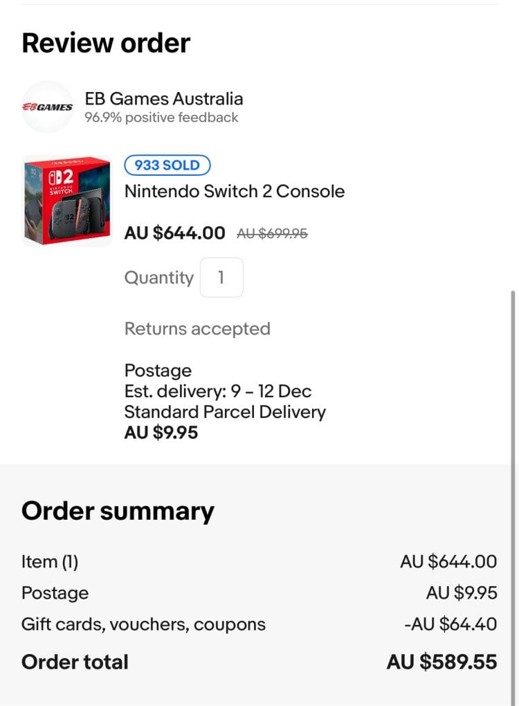 eBay: Nintendo Switch 2 Console – $589.55 delivered (with code)
