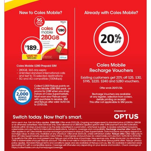 Coles Mobile: 280GB Prepaid Sim $189 (was $280)