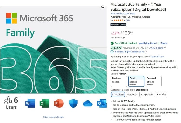 Amazon: Microsoft 365 Family $139