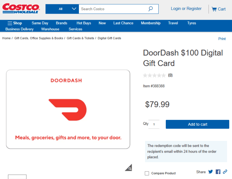 Costco: DoorDash $100 gift card for $79.99
