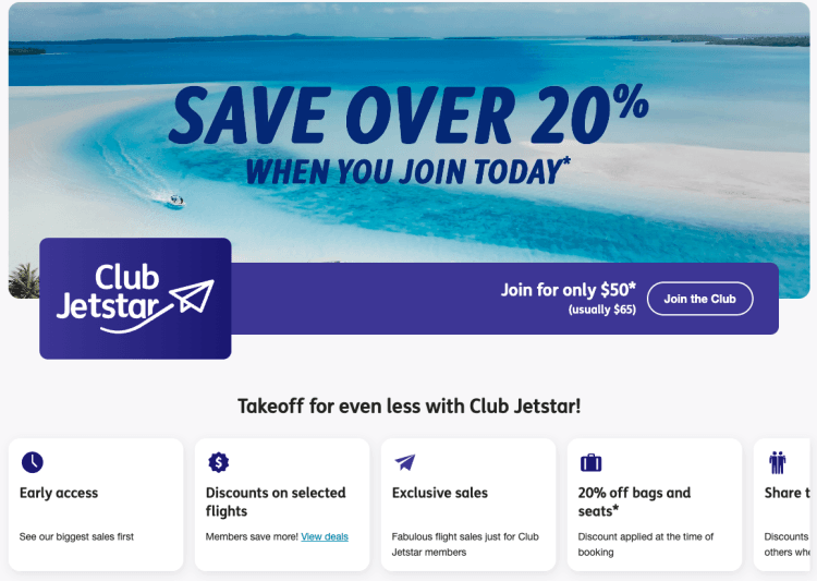 Jetstar: join Club Jetstar for $50 (20% off)