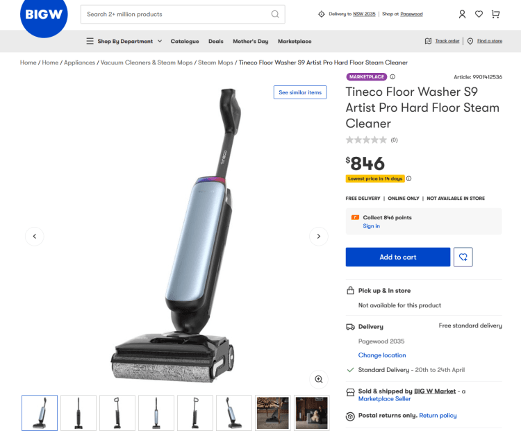 Big W: Tineco Floor Washer S9 Artist Pro $846