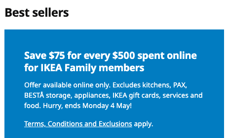 IKEA: save $75 for every $500 spent online for IKEA family members