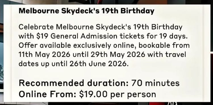 Melbourne Skydeck: $19 general admission