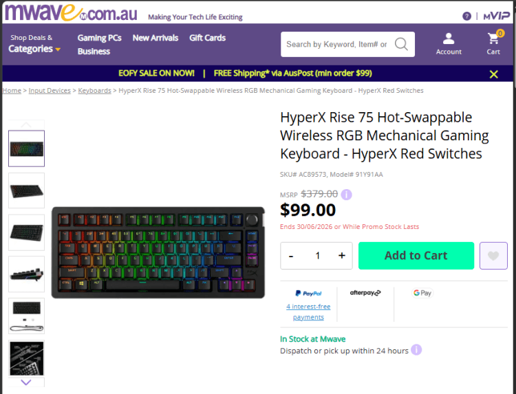 Mwave: HyperX Rise 75 Wireless Mechanical Keyboard, $99