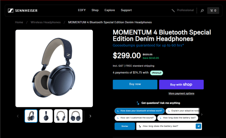 Sennheiser: Momentum 4 Bluetooth SE Denim Headphones, now $299