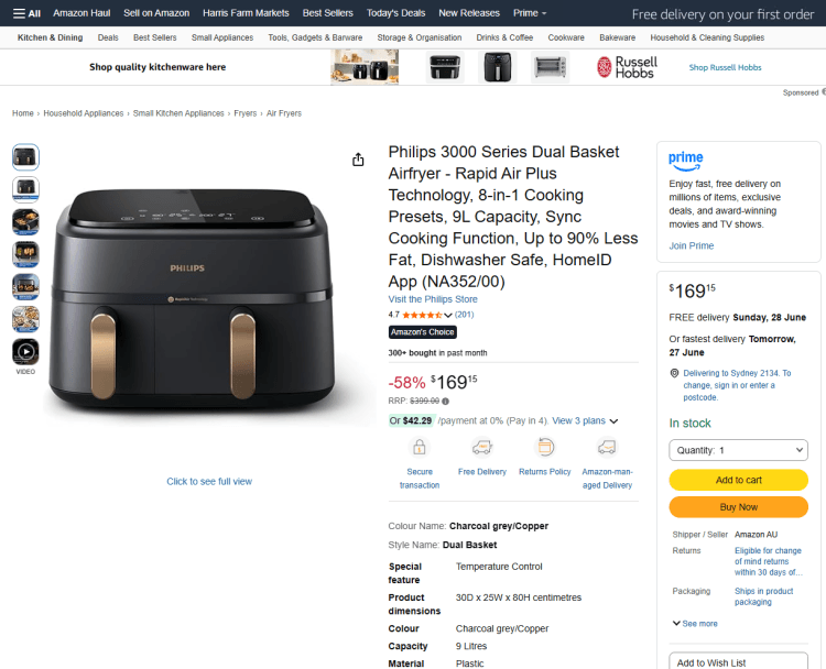 Amazon: Philips 3000 Dual Basket Airfryer (9L), now $169.15