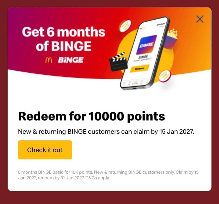 McDonalds: 6 months of Binge for 10000 points