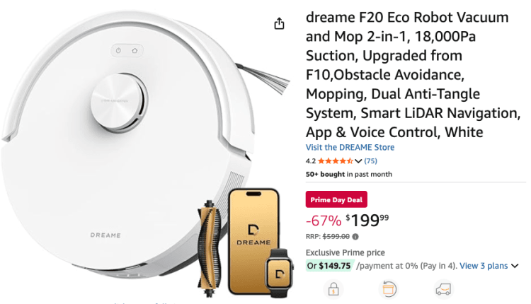 Amazon: Dreame F20 Robot Vacuum and Mop $199.99