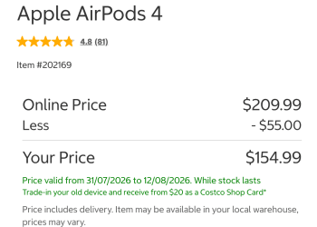 Costco Airpods 4 $154.99