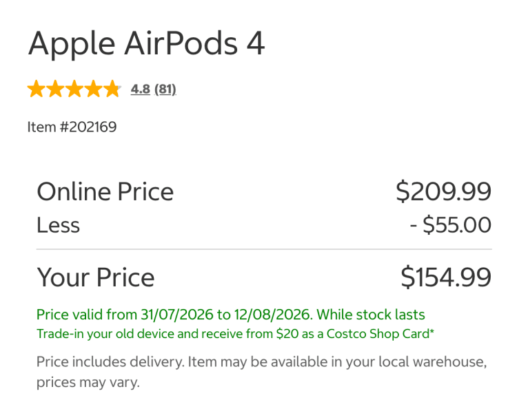 Costco: Apple AirPods 4 $154.99