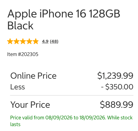 Costco iPhone 16 $889.99
